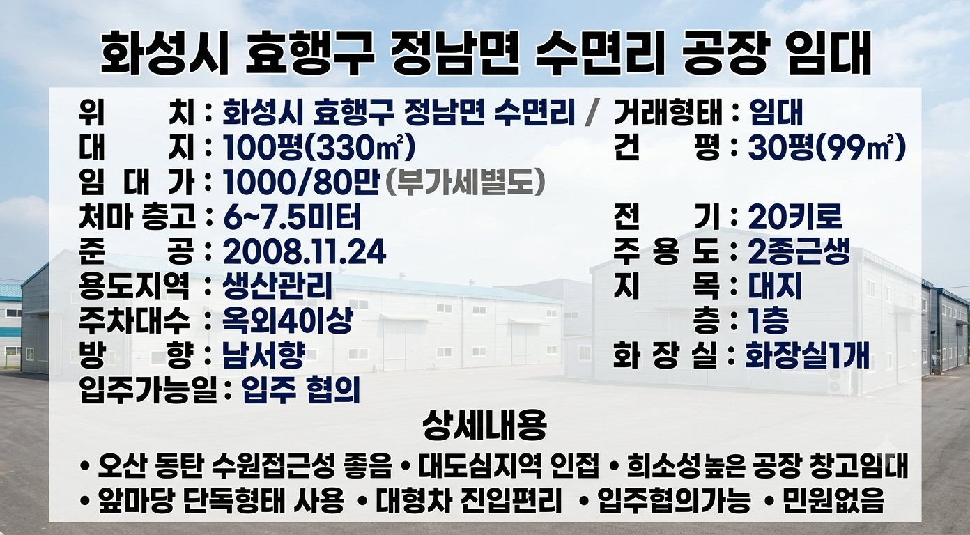 정남공장임대│30평 전력20kw 인입│오산 동탄 근접거리 대형차진입가능│단독형 앞마당│오산공장임대 사진 2