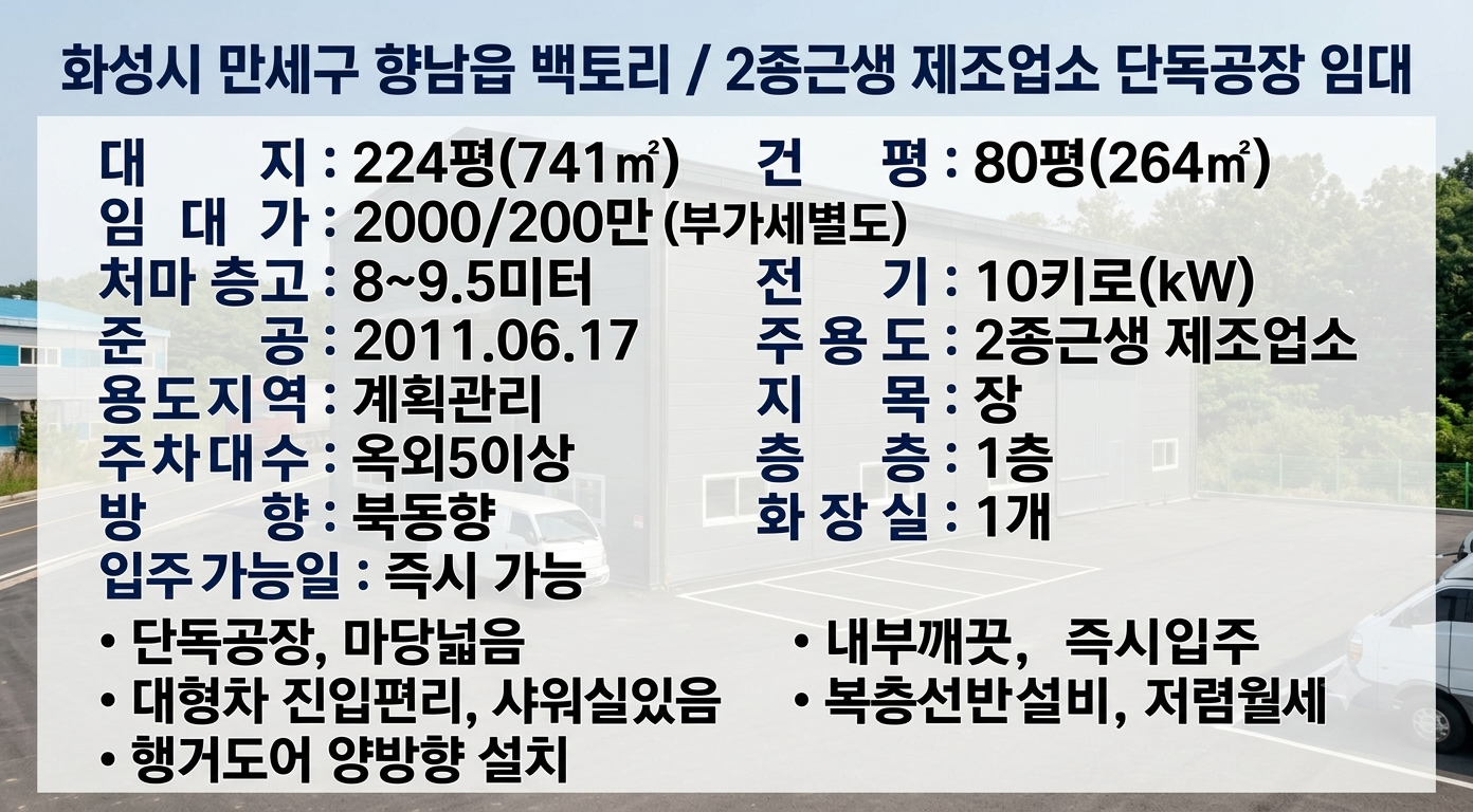 향남읍 공장임대 80py 단독창고 저렴한가격 준신축급깨끗 동오사거리 근방 행거도어 2개 화성공장창고임대 사진 2
