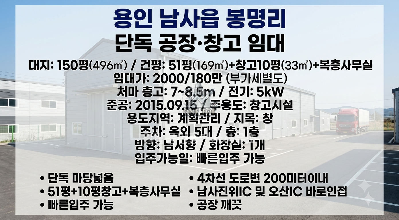 용인공장임대ㅣ약60평+복층사무실 단독건물ㅣ남사진위IC 근거리ㅣ오산~동탄~고덕 신도시 접근성 좋음ㅣ용인창고임대 사진 2