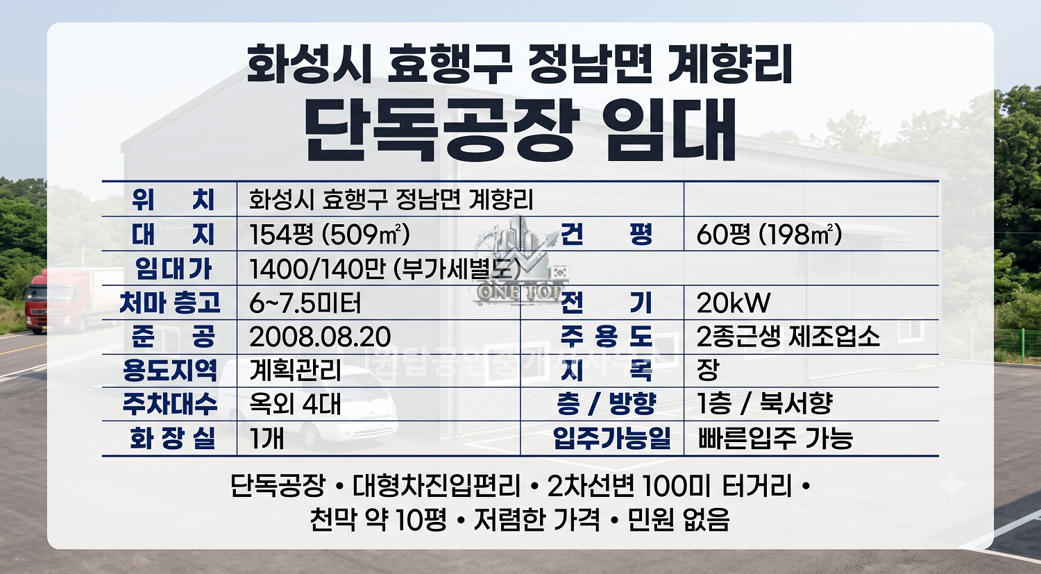 정남공장임대 :: 60평 단독 천막 약10평 2차선 도로인근, 싼!! 가격!!, 전력20kw, 1400/140만, 화성공장창고임대 사진 2