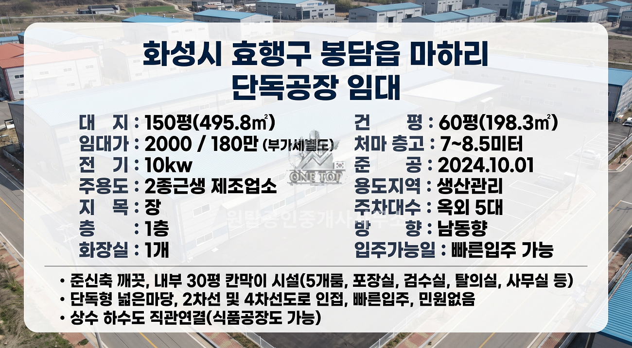 봉담공장임대 / 공장 60평 내부칸막이 30평 / 신축급 깨끗 / 2차선~4차선도로 모두 가까워요 / 상.하수 직관연결 화성식품공장임대 사진 2